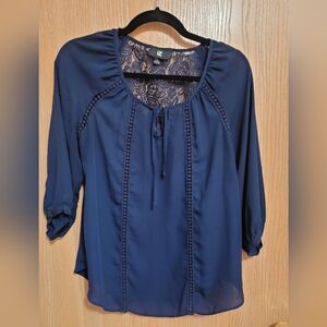 Navy Blue Blouse with Lace Detail